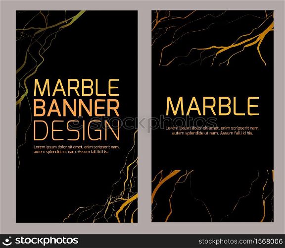 Set of vertical marble banners with golden cracks on a black background. Stylish stone templates for invitations, cards and your design. Luxury flyers with space for text.. Set of vertical marble banners with golden cracks on a black background. Stylish stone templates