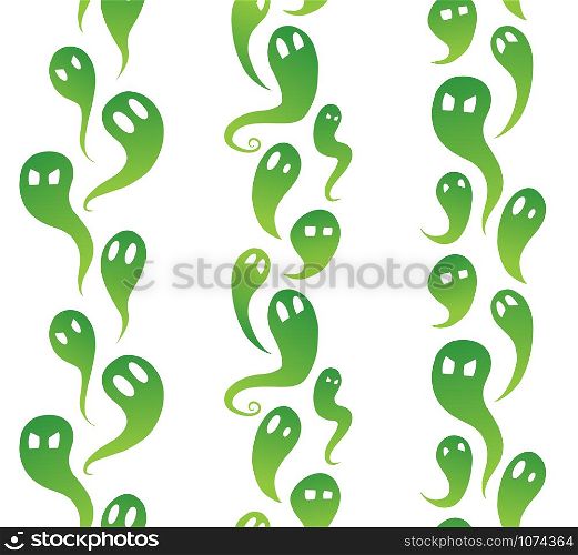 Set of vertical seamless borders from green ghosts with emotions. The object is separate from the background. Halloween decoration with spirits. Vector element for frame, brush and your design.. Set of vertical seamless borders from green ghosts with emotions. The object is separate from the background. Halloween decoration with spirits. Vector element