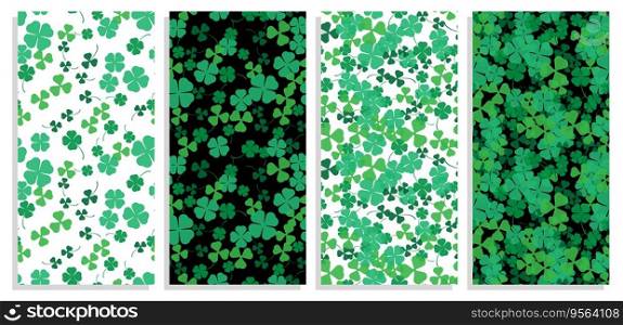 Set of vertical St.Patrick Day festive flyers with Three and four leaf clover seamless patterns. Clover leaf silhouette. Templates for invitation, banners, brochures print. Vector on black and white