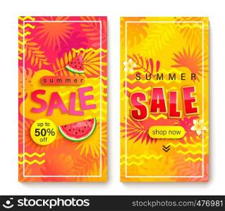 Set of vertical summer Sale banners,hot season discount posters with tropical leaves,watermelon for your design.Invitation for shopping and 50 percent off.Templates for special offer card. Vector.. Set of vertical summer Sale banners.