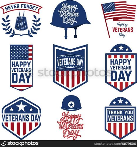 Set of veterans day emblems isolated on white background. Design elements for logo, label, emblem, sign. Vector illustration