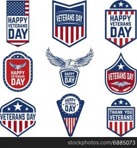 Set of veterans day emblems. USA culture. Design elements for logo, label, emblem, sign. Vector illustration