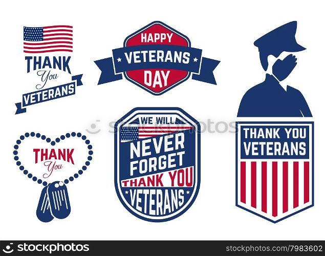 Set of Veterans Day labels,stamps and design element. Happy Veterans Day. Vector illustration.