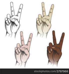 Set of victory gesture drawn in different color variations
