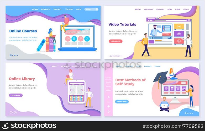 Set of video tutorials and online courses, library and methods for self study. Laptop screen with educational materials and explanation. Website or webpage template, landing page, vector in flat style. Online Courses and Video Tutorials for Students