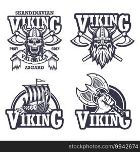 Set of viking emblems, labels and logos Monochrome style