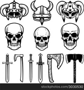 Set of viking helmets, weapon, skulls. Design elements for logo, label, emblem, sign. Vector illustration. Set of viking helmets, weapon, skulls. Design elements for logo, label, emblem, sign.