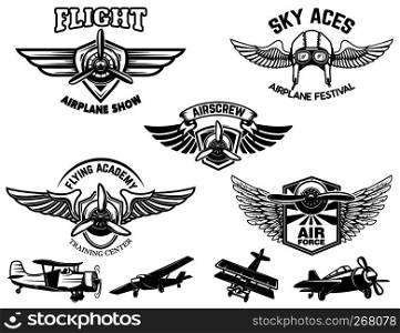 Set of vintage airplane show emblems. Design elements for logo, label, sign, menu. Vector illustration