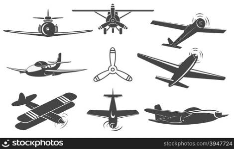 Set of Vintage airplanes from different angles. Planes silhouettes. Logotype, emblem,label design elements in vector.