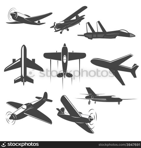 Set of Vintage airplanes from different angles. Planes silhouettes. battle-plane. Logotype, emblem,label design elements in vector.