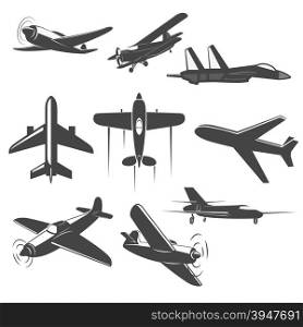 Set of Vintage airplanes from different angles. Planes silhouettes. battle-plane. Logotype, emblem,label design elements in vector.