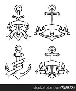 Set of vintage anchors in black and white color with paper ribbon. Outline hand drawn illustration. Vector element for tattoos, print for t-shirts, coloring, emblems and for your design.. Set of vintage anchors in black and white color with paper ribbon.