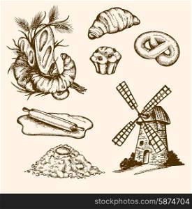 Set of vintage bakery, vector hand drawn illustration