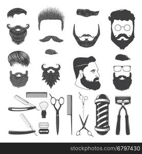 Set of vintage barber monochrome icons and design elements isolated on white background. Man hairstyle icons. Design elements for logo, label, emblem, badge, sign. Vector illustration.
