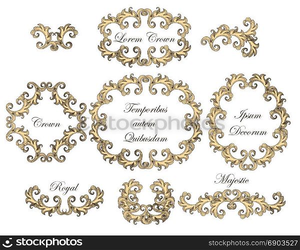 Set of vintage baroque engraving floral scroll filigree elements. Vector illustration.