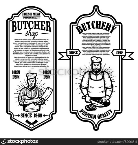 Set of vintage butchery and meat store flyers. Design element for logo, label, sign, badge, poster. Vector illustration