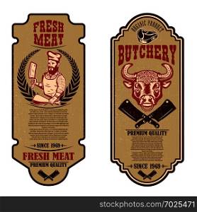 Set of vintage butchery and meat store flyers. Design element for logo, label, sign, badge, poster. Vector illustration