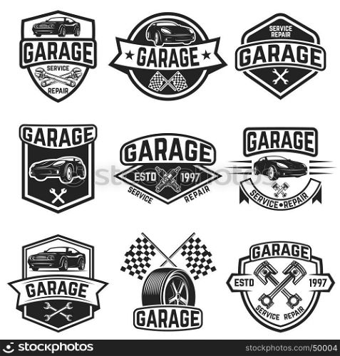 Set of vintage car service labels. Design elements for logo, label, emblem, sign, badge. Vector illustration