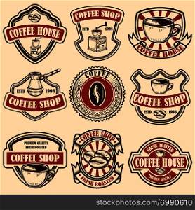 Set of vintage coffee shop emblems. Design elements for logo, label, sign, badge. Vector illustration