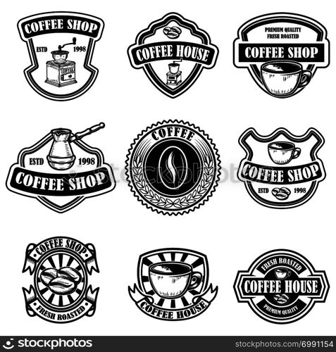 Set of vintage coffee shop emblems. Design elements for logo, label, sign, badge. Vector illustration