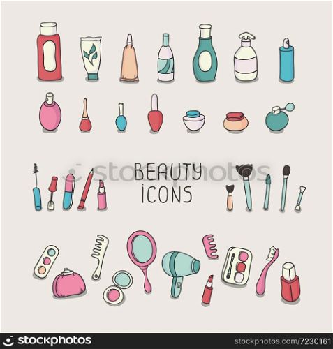 Set of vintage cosmetics elements and beauty products icons. Makeup. Beautiful vector illustration. . Set of vintage cosmetics elements and beauty products icons. Makeup.