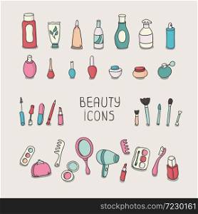 Set of vintage cosmetics elements and beauty products icons. Makeup. Beautiful vector illustration. . Set of vintage cosmetics elements and beauty products icons. Makeup.