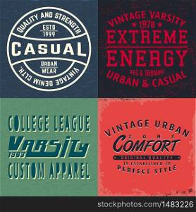 Set of vintage design print for t-shirt stamp, tee applique, fashion typography, badge, label clothing, jeans, and casual wear. Vector illustration.. Set of vintage design print for t-shirt stamp, tee applique, fashion typography, badge, label clothing, jeans, and casual wear. Vector illustration