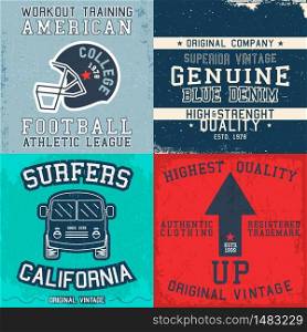 Set of vintage design print for t-shirt stamp, tee applique, fashion typography, badge, label clothing, jeans, and casual wear. Vector illustration.. Set of vintage design print for t-shirt stamp, tee applique, fashion typography, badge, label clothing, jeans, and casual wear. Vector illustration