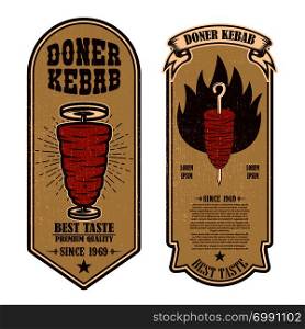 Set of vintage doner kebab flyer templates. Design element for logo, label, emblem, sign, badge. Vector illustration