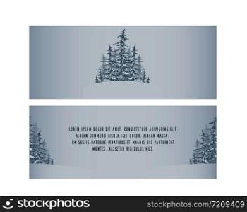 Set of vintage double-sided brochure with sketch fir trees and place for text for your design. Set of vintage double-sided brochure with sketch fir trees and p