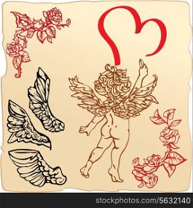 Set of vintage elements and vignettes for Valentine`s Day greeting - heart, roses, angels wings, cupid