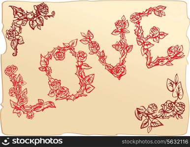 Set of vintage elements and vignettes for Valentine`s Day greeting - word LOVE is made of roses