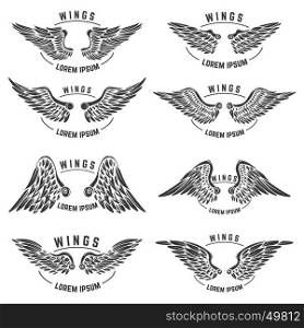Set of vintage emblem templates with wings. Design elements for logo, label, emblem, poster. Vector illustration
