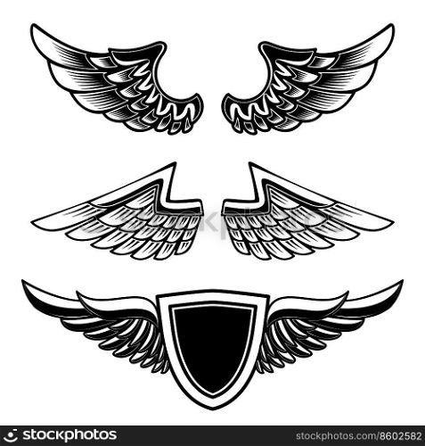 Set of vintage emblems with wings isolated on white background. Design element for logo, label, emblem, sign. Vector image
