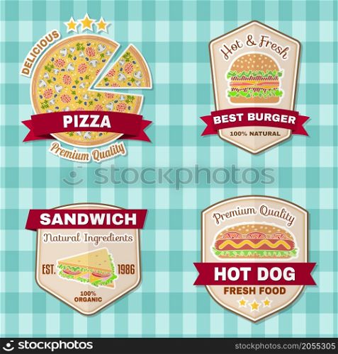 Set of vintage fast food badges, banners and logo emblems. Elements on the theme of the fast food business. Vector illustration. Pizza, Burger, Hot Dog and Sandwich design, sticker or emblem.. Set of vintage fast food badges, banners and logo emblems.