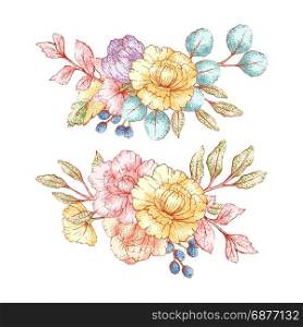 Set of vintage floral bouquets isolated on white background. Best for greeting card, posters, flyers, brochures, invitation, wedding and save the date cards. Vintage Floral Bouquets
