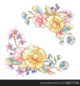Set of vintage floral bouquets isolated on white background. Best for greeting card, posters, flyers, brochures, invitation, wedding and save the date cards. Vintage Floral Bouquets