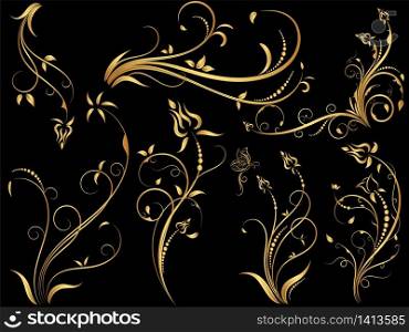 Set of vintage floral ornament, Hand drawn decorative element, vector illustration of floral element isolated on black background, design for page decoration cards, wedding, banner, frames