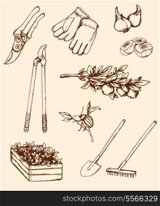 Set of vintage hand drawn garden tools