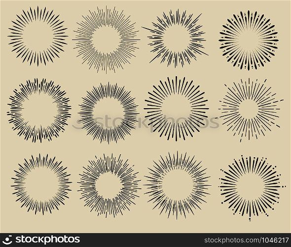 Set of vintage hand drawn sunbursts. Vector illustration.