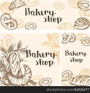 Set of vintage hand drawn vector banners with bakery products. Vintage backgrounds with food.