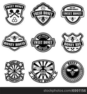 Set of vintage honey labels template. Bee icons. Design element for logo, label, emblem, sign, poster. Vector illustration