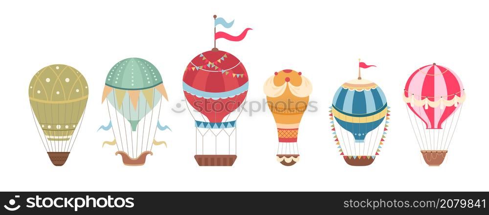 Set of vintage hot air balloons with ribbons and flags. Retro air transport. Vector flat cartoon balloons with baskets for stickers and postcards.. Set of vintage hot air balloons with ribbons and flags. Retro air transport. Vector flat cartoon balloons with baskets