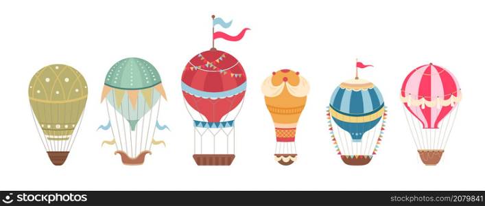 Set of vintage hot air balloons with ribbons and flags. Retro air transport. Vector flat cartoon balloons with baskets for stickers and postcards.. Set of vintage hot air balloons with ribbons and flags. Retro air transport. Vector flat cartoon balloons with baskets