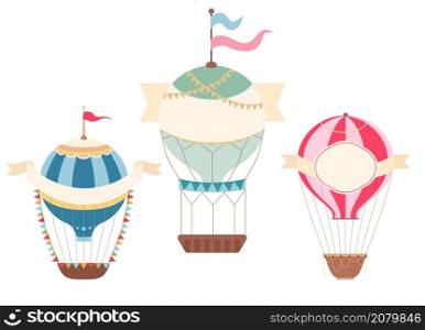 Set of vintage hot air balloons with ribbons with place for text. Retro air transport with copy space. Vector template with flat cartoon balloons with badges. Set of vintage hot air balloons with ribbons with place for text. Retro air transport with copy space. Vector template with flat cartoon balloons