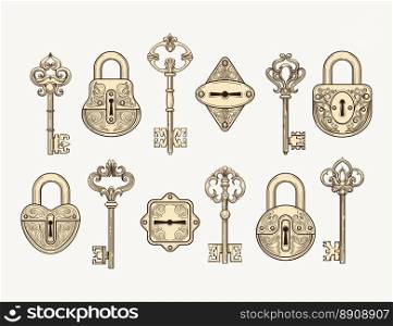 Set of vintage keys and locks. Set of hand drawn vintage keys and locks vector