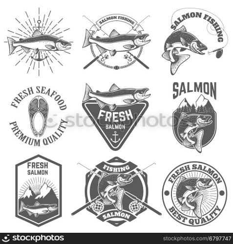 Set of vintage labels with salmon fish. Salmon fishing, salmon meat. Design elements for label, emblem for fishing club. Vector illustration.