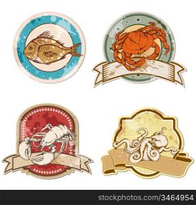 set of vintage labels with seafood