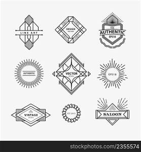 Set of vintage linear thin line geometric shape art deco retro design elements with badge