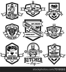 Set of vintage meat store labels. Design element for logo, emblem, sign, poster. Vector illustration